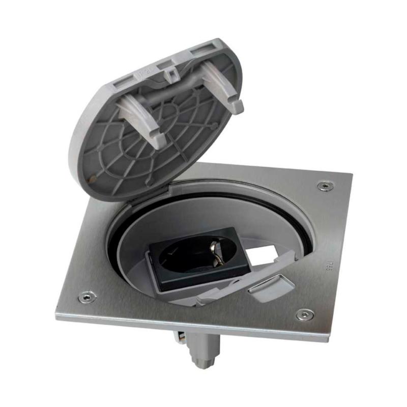 Produit de Bloc porte-mécanisme IP66 à fermeture manuelle et socle de prise Schuko pour 1 RJ45 Keystone inox Simon K45 KSE10U/23/72