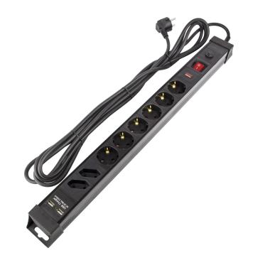 Steckerleiste 6 Schuko Steckdosen Typ F mit Überspannungsschutz + 2 Stecker Typ C + 2xUSB 5m