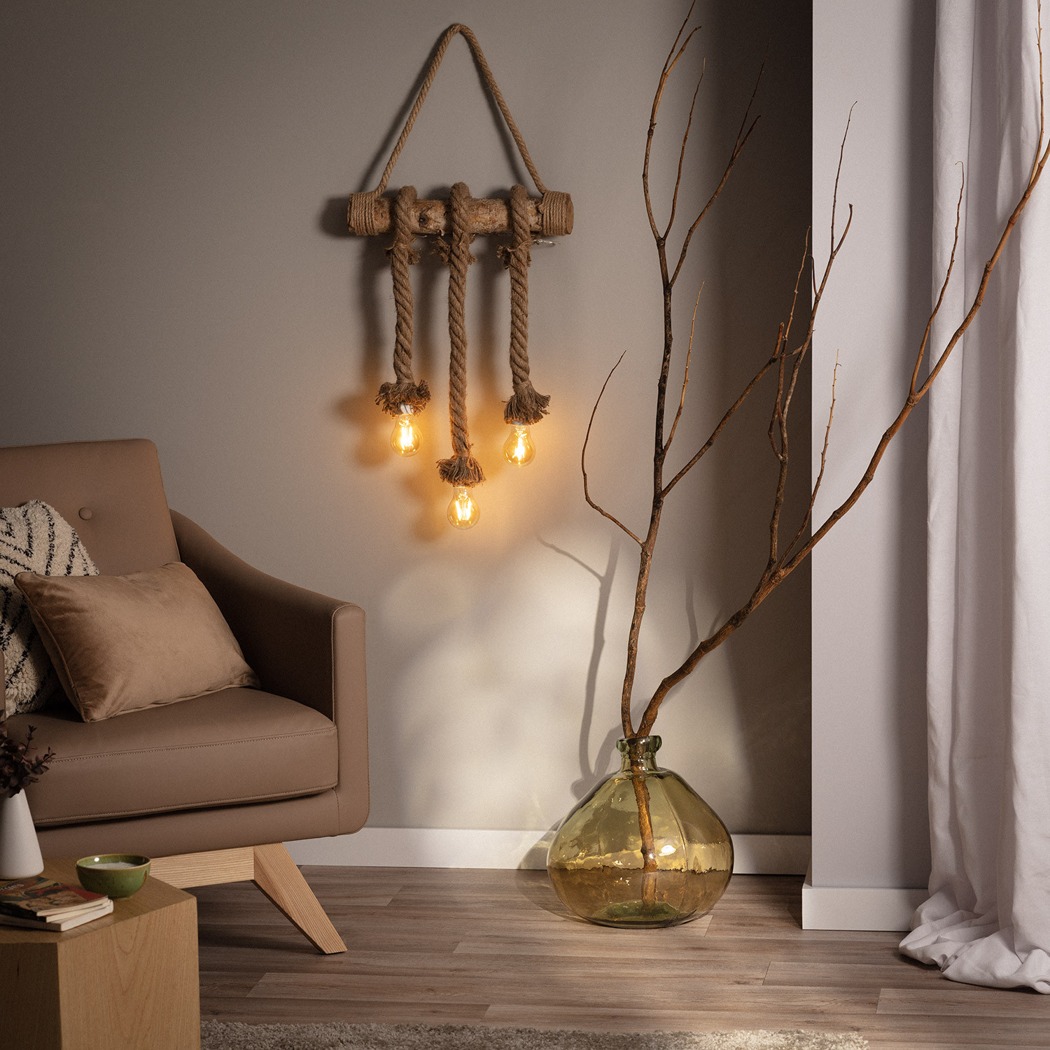 Alternatief Fantasierijk Terzijde Hanglamp Touw en Hout Kamba LED 3 Lampen - Ledkia